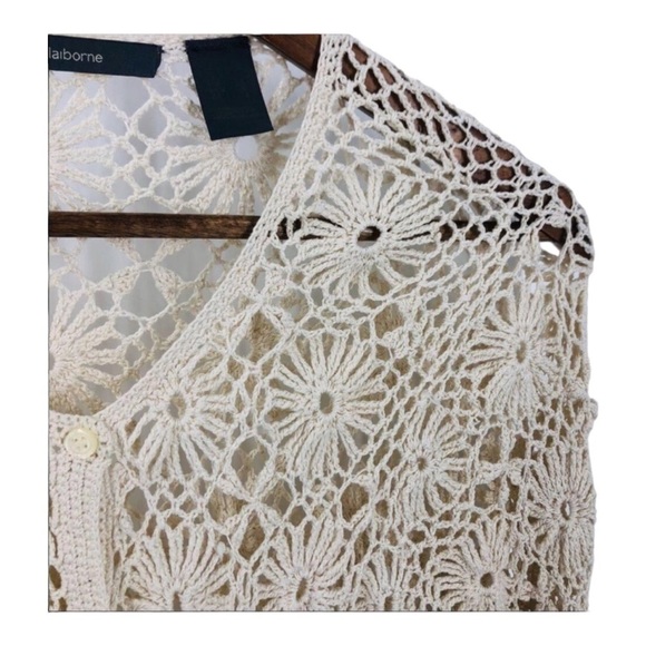 Liz CLAIBORNE Vintage Silk Off White Open Crochet Knit Cardigan Sweater Large - Picture 4 of 8